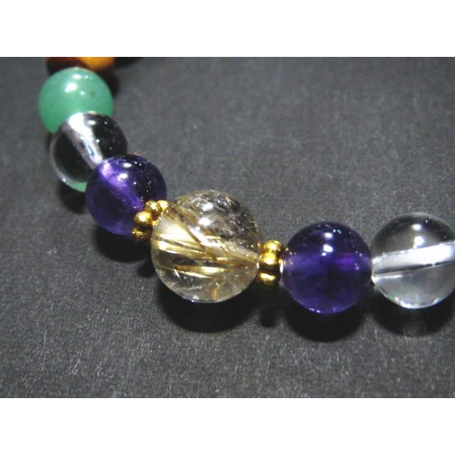 16001-【天然石ブレスレット】ルチルクオーツ+マルチミックス アメジスト 水晶 アベンチュリン タイガーアイ ヒスイ オニキス ロンデル | 