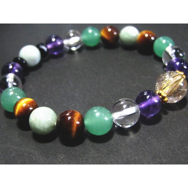 16001-【天然石ブレスレット】ルチルクオーツ+マルチミックス アメジスト 水晶 アベンチュリン タイガーアイ ヒスイ オニキス ロンデル |  | 01