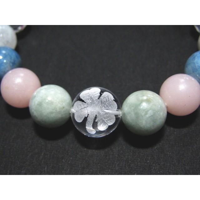 16002-【天然石ブレスレット】水晶四つ葉+マルチ天然石 ヒスイ ピンクオパール アクアマリン レインボー ムーンストーン 【パワーストーン】 | 
