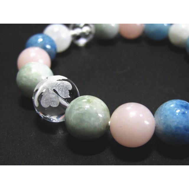 16002-【天然石ブレスレット】水晶四つ葉+マルチ天然石 ヒスイ ピンクオパール アクアマリン レインボー ムーンストーン 【パワーストーン】 |  | 01