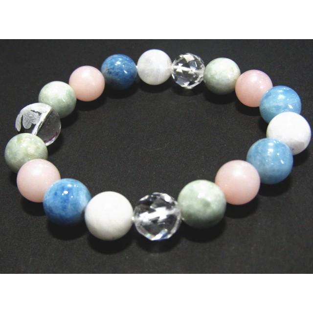 16002-【天然石ブレスレット】水晶四つ葉+マルチ天然石 ヒスイ ピンクオパール アクアマリン レインボー ムーンストーン 【パワーストーン】 |  | 02