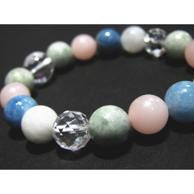 16002-【天然石ブレスレット】水晶四つ葉+マルチ天然石 ヒスイ ピンクオパール アクアマリン レインボー ムーンストーン 【パワーストーン】 |  | 03