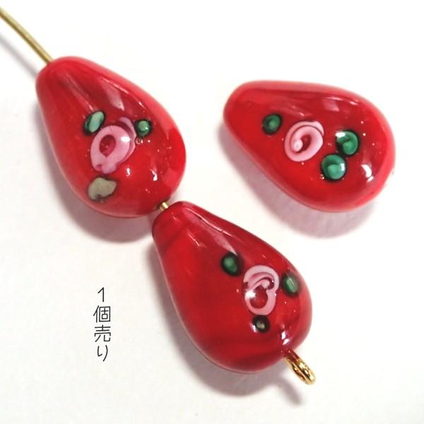 20554-《チェコハンドメイドランプローズ》　ドロップ　ミディアムレッド　１６ｘ１０ｍｍ　1個 | 