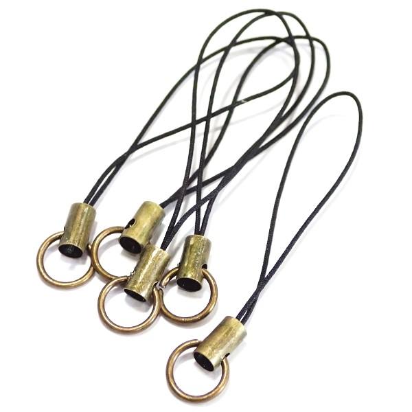 3277-《ストラップ/根付》　黒（紐）／真鍮古美（金具）　丸カン付き　５０mm前後　５本/１セット | 