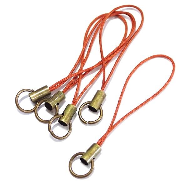 3387-《ストラップ/根付》　赤茶（紐）／真鍮古美（金具）　丸カン付き　５０mm前後　５本/１セット | 