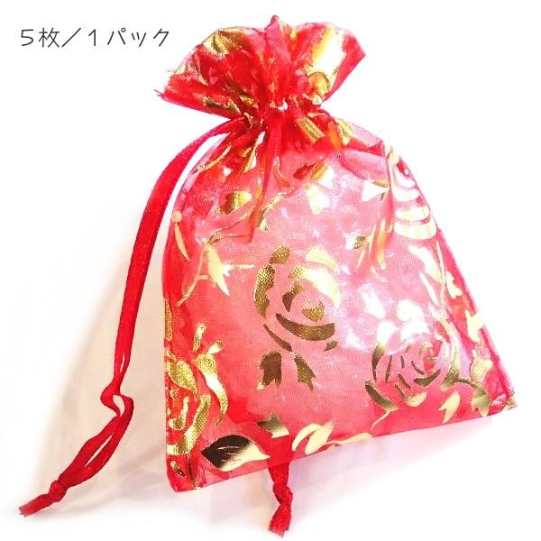 4008-《小袋》　透けすけポーチ　赤・金・薔薇　１０ｘ７ｃｍ（平均）　５枚/１パック |  | 02
