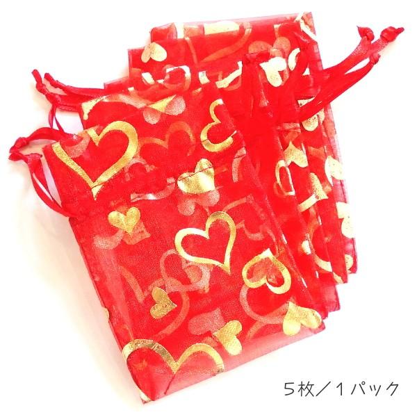 4012-《小袋》　透けすけポーチ　赤・金・ハート　１０ｘ７ｃｍ（平均）　５枚/１パック |  | 01