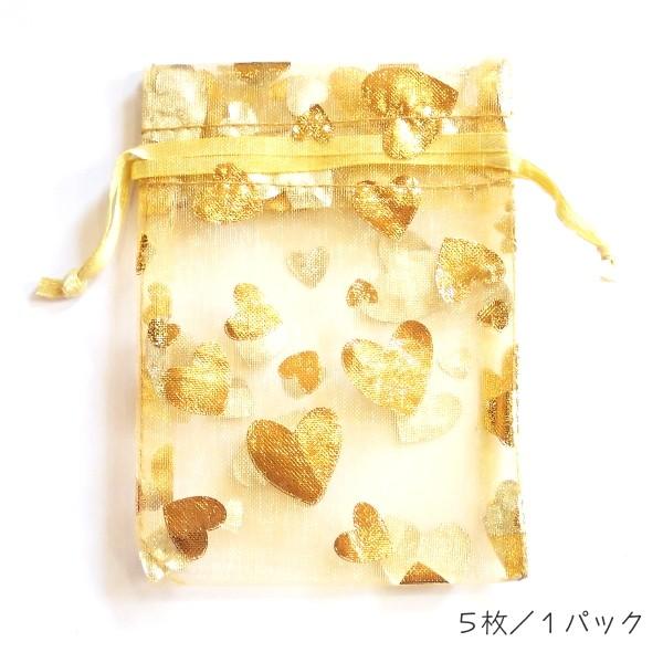 4042-《小袋》　透けすけポーチ　金・金・ハート　１０ｘ７ｃｍ（平均）　５枚/１パック | 