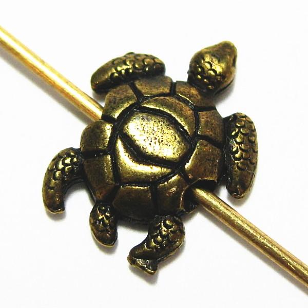 4244-【ＮＹピューター】　ミニ海亀　ビーズ　真鍮古美　１１mm　５個/１セット | 