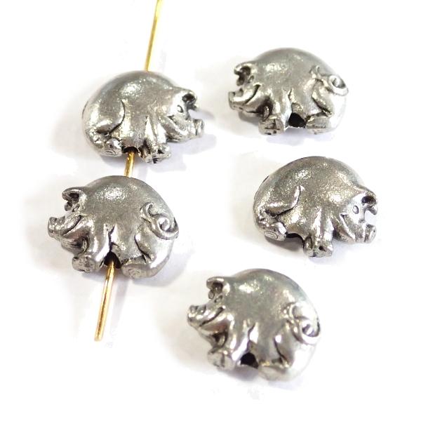 4435-【ＮＹピューター】　ぶた　ビーズ　銀古美　１０x１２mm　５個/１セット |  | 01