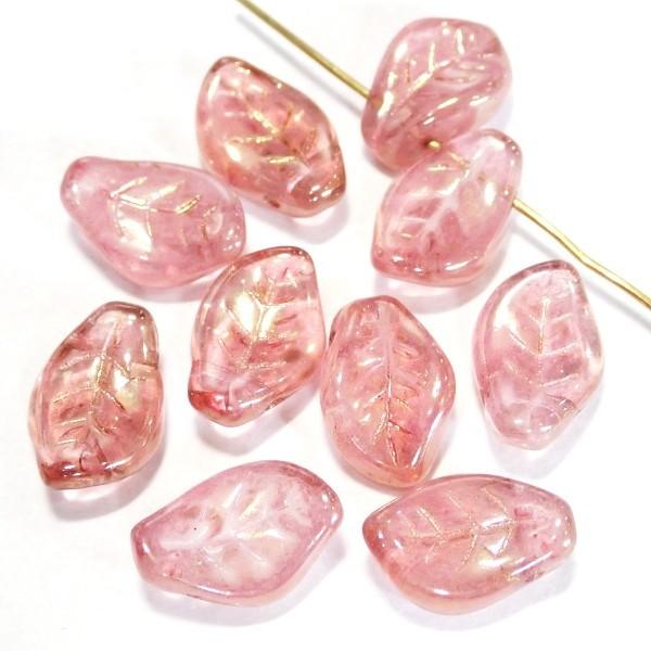 4439-CZLF　チェコ葉っぱビーズ　蓄光ラスタートパーズピンク　14/9mm　10個/１パック | 