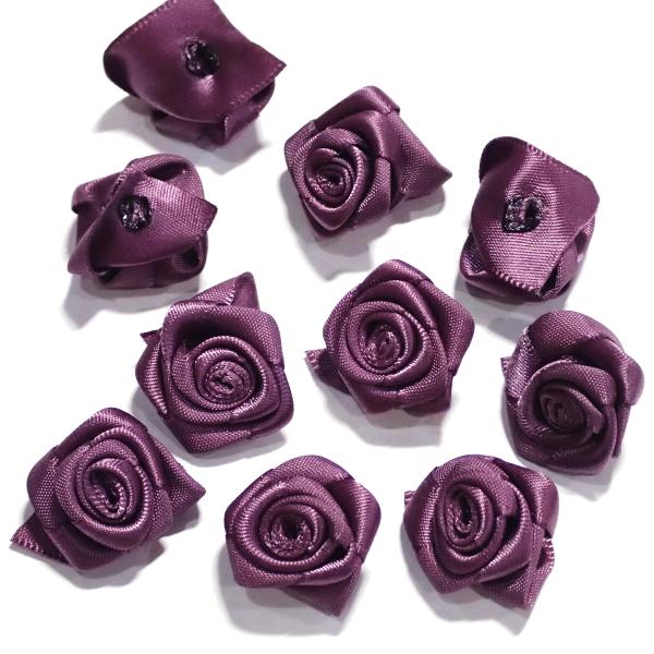 5973-〈レース/リボン〉モチーフ　リボンローズ　パープル　２．５cm平均　１０個/１セット | 