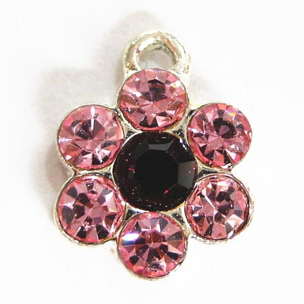 6841-【ＮＹピューター】　ラインストーンチャーム　ピンク花　銀色　１１mm　※１個※ | 