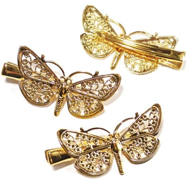 6849-【ヘアーパーツ】　ヘアクリップ蝶々／ゴールド　３個/１セット | 