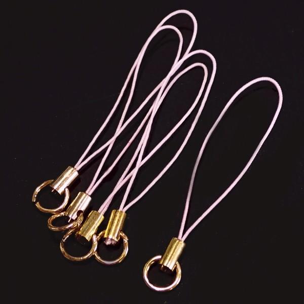 8107-《ストラップ/根付》　ピンク（紐）／金色（金具）　丸カン付き　５０mm前後　５本/１セット | 