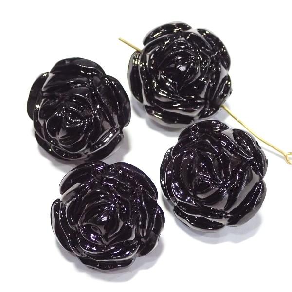8890-『アクリル』　樹脂　両面薔薇　ブラック　２４ｘ２０mm　４個/１パック | 