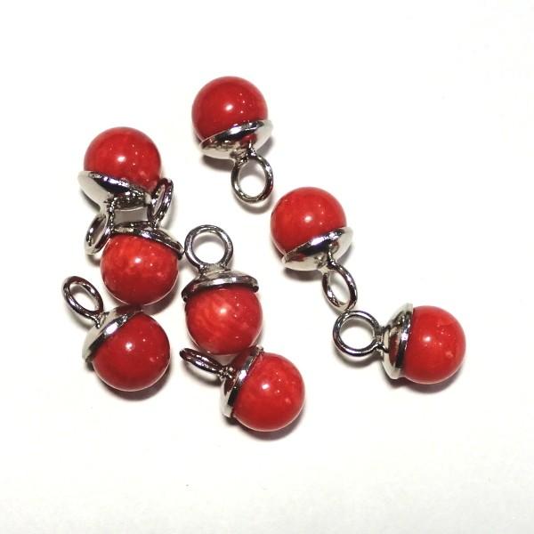 8975-《天然石いろいろ》　チャームパーツ　白珊瑚（赤染）　金具銀色　６mm　１個 |  | 01
