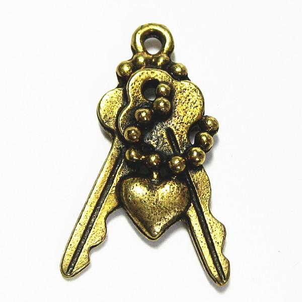 9272-【ＮＹピューター】　ハートとキー　チャーム　真鍮古美　１９mm　５個/１セット | 