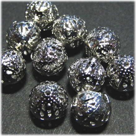 9715-メタルビーズ 透かし模様 シルバー 14mm丸玉【10個/パック】 | 