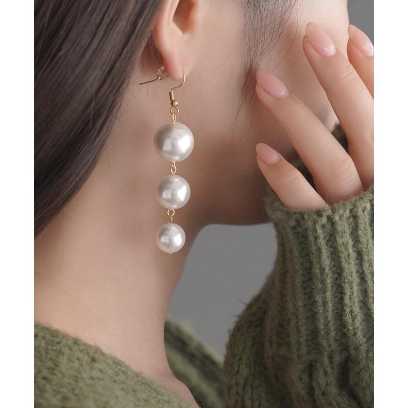 ピアス パール アクセサリー レディース ぶら下がり 3連 三連 パールピアス 真珠 大ぶり 大きめ アクセ | HUG.U | 07