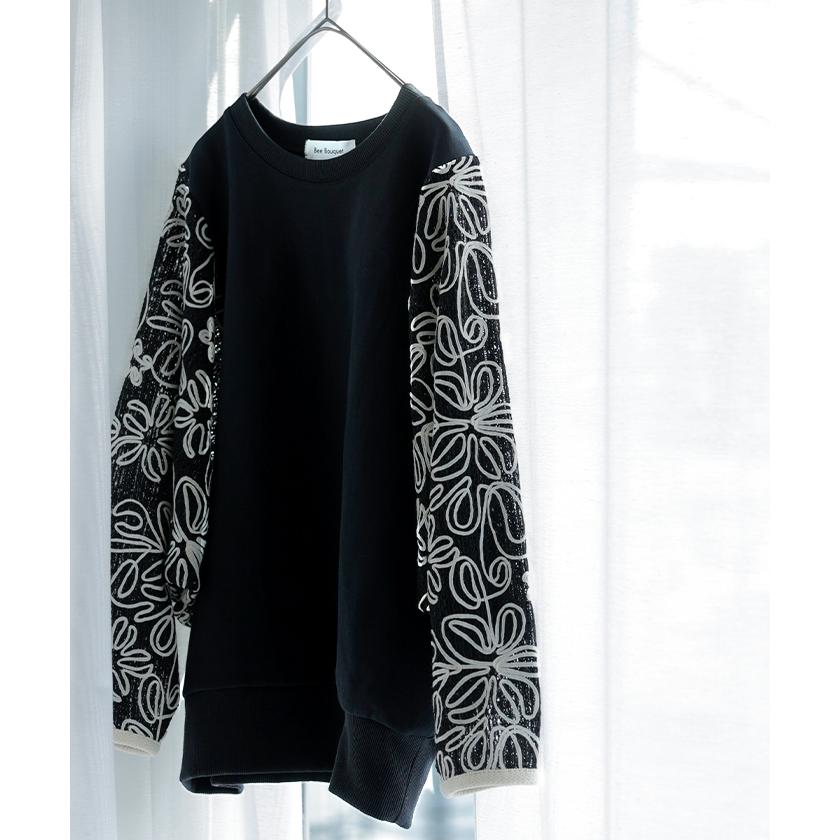 HUG.U（ハグユー） スウェット ジャスト丈 花柄 コード刺繍 異素材