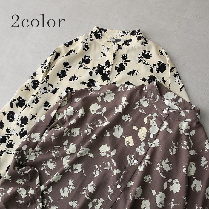 シャツ レディース トップス 花柄 とろみ シワになりにくい お尻が隠れる 長袖 羽織 ブラウス チュニック バンドカラー ノーカラー | HUG.U | 12