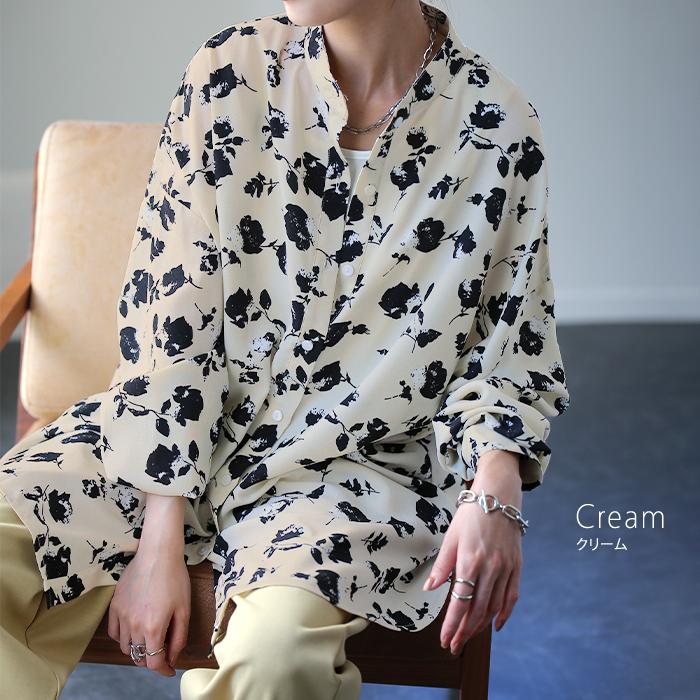 シャツ レディース トップス 花柄 とろみ シワになりにくい お尻が隠れる 長袖 羽織 ブラウス チュニック バンドカラー ノーカラー | HUG.U | 14