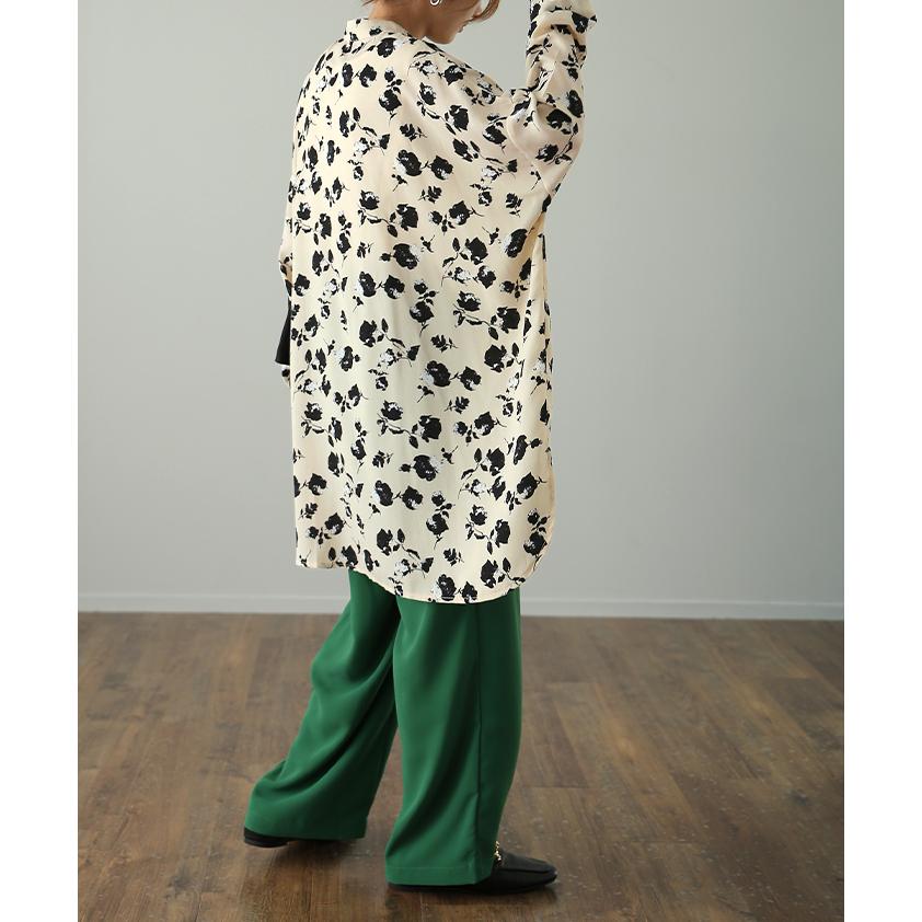 シャツ レディース トップス 花柄 とろみ シワになりにくい お尻が隠れる 長袖 羽織 ブラウス チュニック バンドカラー ノーカラー | HUG.U | 16