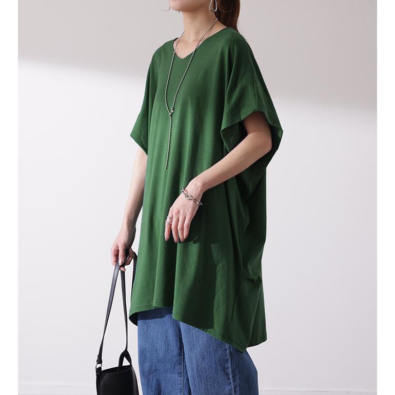 Tシャツ レディース トップス 二の腕カバー カットソー 半袖 チュニック 体型カバー 大きいサイズ Vネック お尻が隠れる 無地 | HUG.U | 14