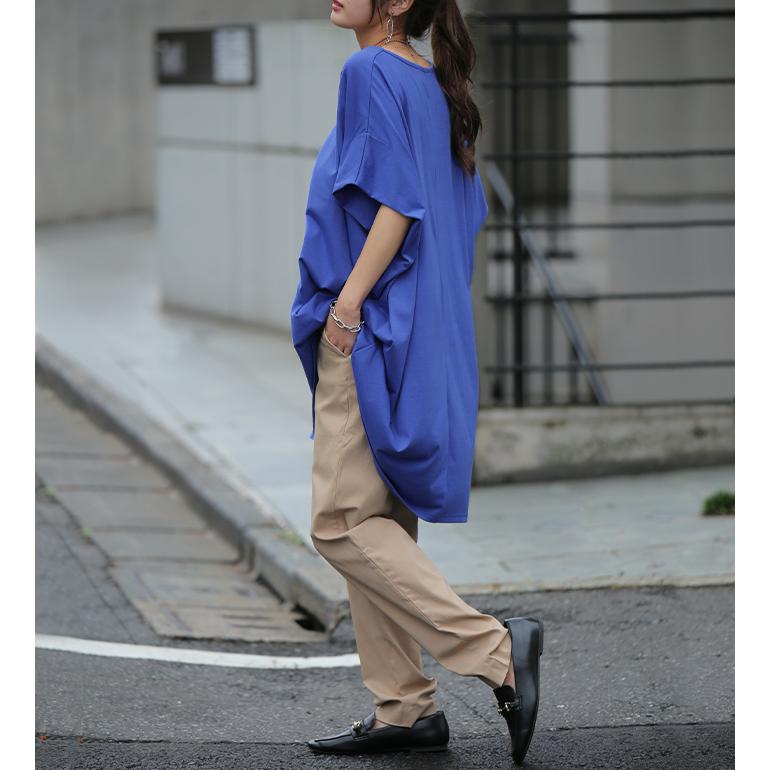 Tシャツ レディース トップス 二の腕カバー カットソー 半袖 チュニック 体型カバー 大きいサイズ Vネック お尻が隠れる 無地 | HUG.U | 15