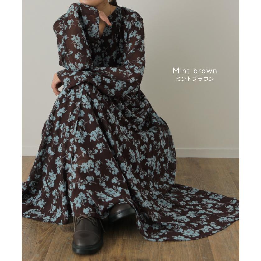 ワンピース ロング 2点セット インナー付き シフォン ロングワンピ ペチコート キャミソール 長袖 透け 花柄 羽織 レディース | HUG.U | 18