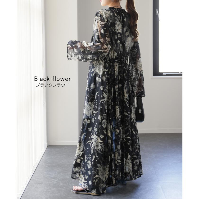 ワンピース ロング 2点セット インナー付き シフォン ロングワンピ ペチコート キャミソール 長袖 透け 花柄 羽織 レディース | HUG.U | 19