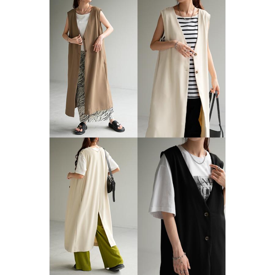 ベスト レディース ジレ トップス ロングベスト 前開き ロングジレ ロング 黒 お尻が隠れる 羽織 きれいめ レイヤード | HUG.U | 22