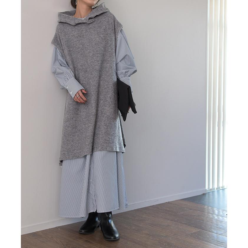 ベスト レディース ジレ トップス ロングベスト フード ニット レイヤード ロングジレ お尻が隠れる ニットベスト | HUG.U | 12