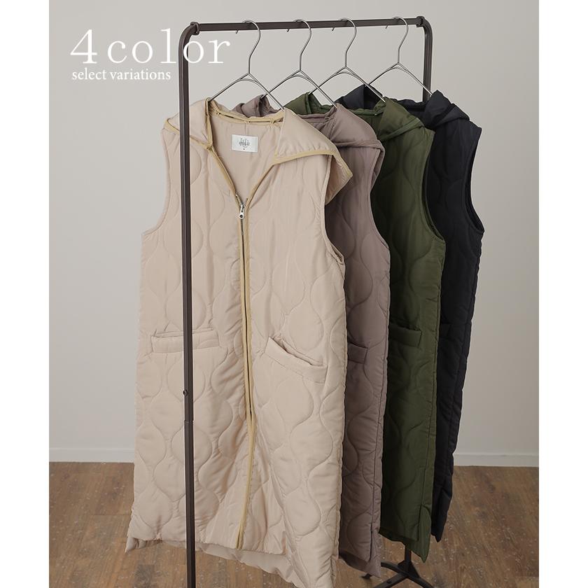 ベスト レディース 中綿 ジレ キルティング ロングベスト フード 軽量 キルト 暖か ロングジレ 前開き アウター | HUG.U | 13