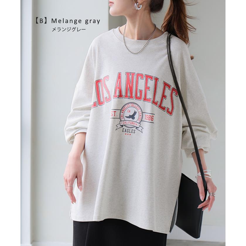 カットソー レディース トップス ロゴT 長袖 ロンT ロング Tシャツ チュニック ロゴ オーバーサイズ ゆったり | HUG.U | 23