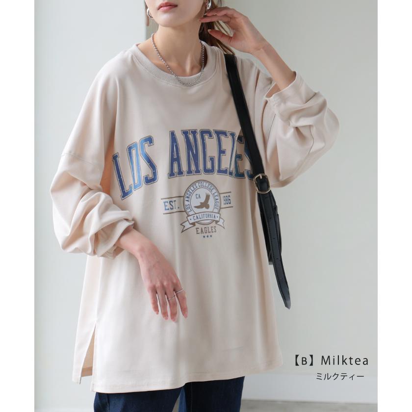 カットソー レディース トップス ロゴT 長袖 ロンT ロング Tシャツ チュニック ロゴ オーバーサイズ ゆったり | HUG.U | 24