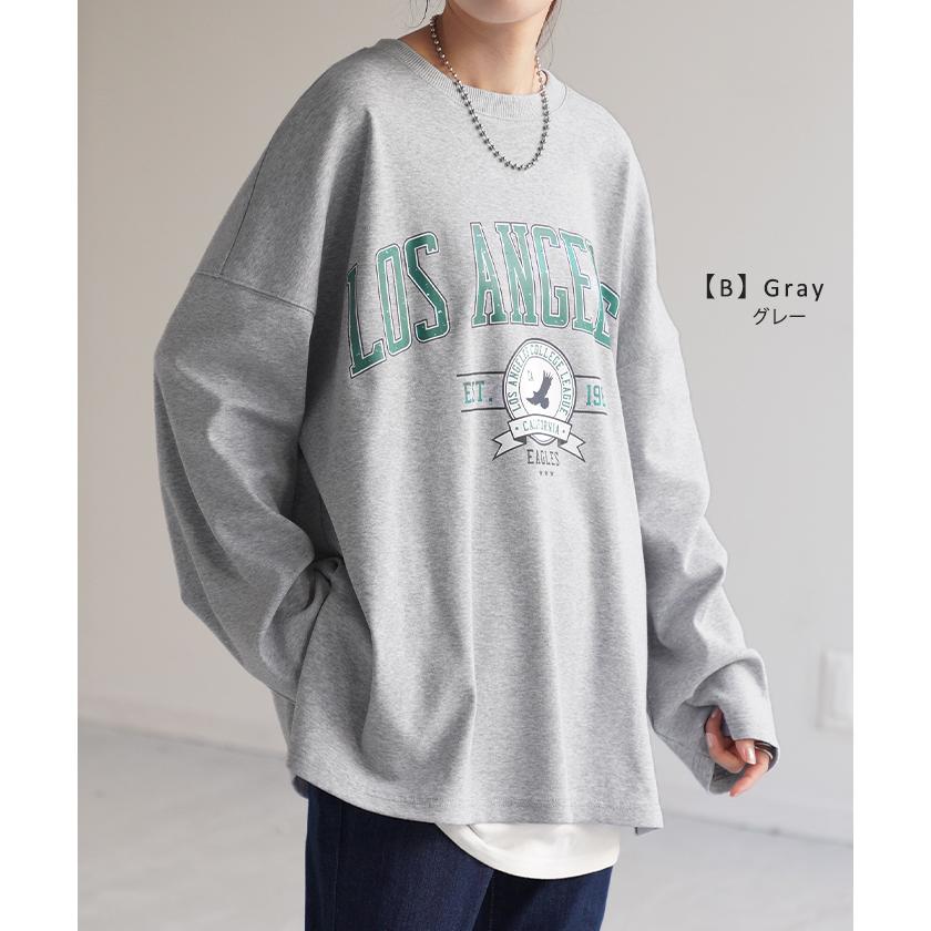 カットソー レディース トップス ロゴT 長袖 ロンT ロング Tシャツ チュニック ロゴ オーバーサイズ ゆったり | HUG.U | 25