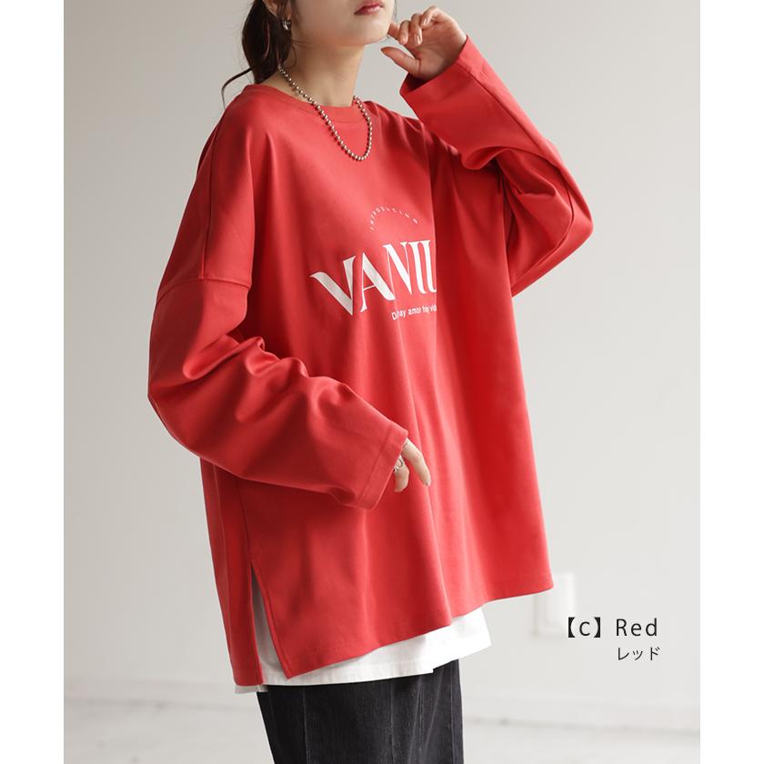 カットソー レディース トップス ロゴT 長袖 ロンT ロング Tシャツ チュニック ロゴ オーバーサイズ ゆったり | HUG.U | 28