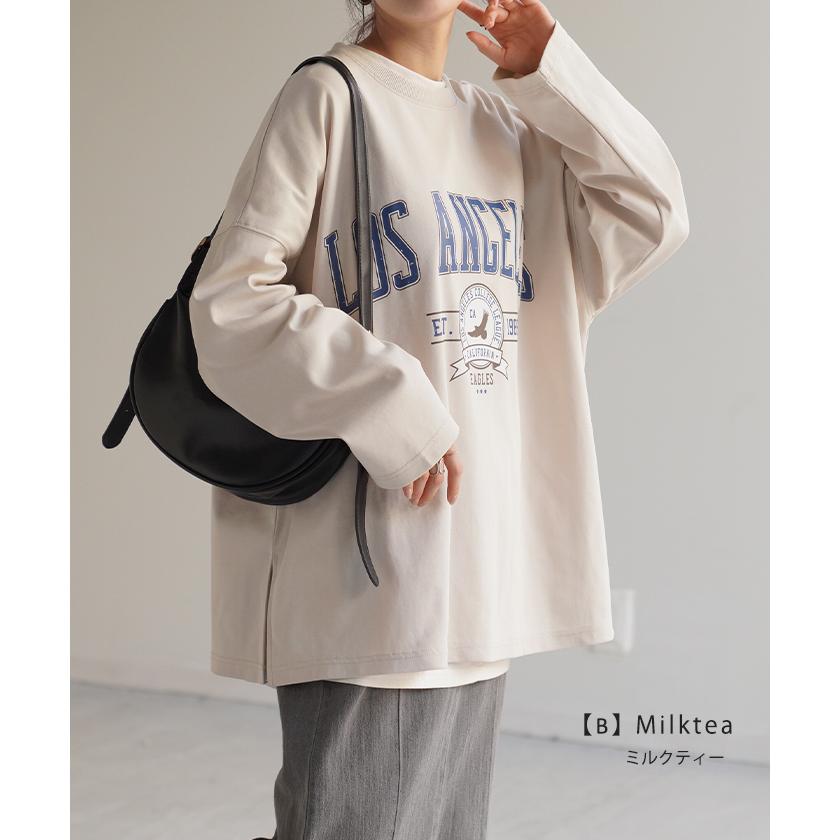 カットソー レディース トップス ロゴT 長袖 ロンT ロング Tシャツ チュニック ロゴ オーバーサイズ ゆったり | HUG.U | 33