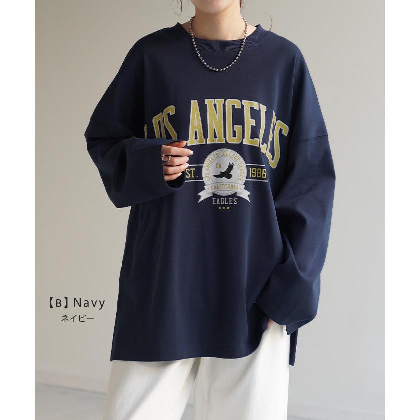カットソー レディース トップス ロゴT 長袖 ロンT ロング Tシャツ チュニック ロゴ オーバーサイズ ゆったり | HUG.U | 34