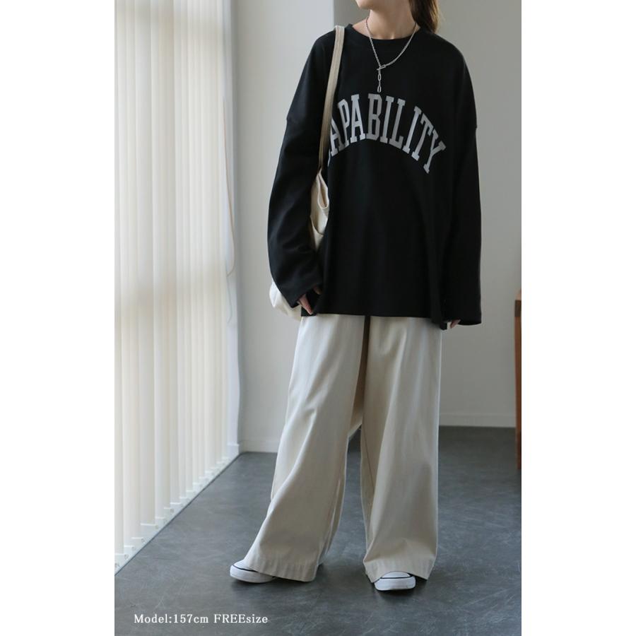 カットソー レディース トップス ロゴT 長袖 ロンT ロング Tシャツ チュニック ロゴ オーバーサイズ ゆったり | HUG.U | 22