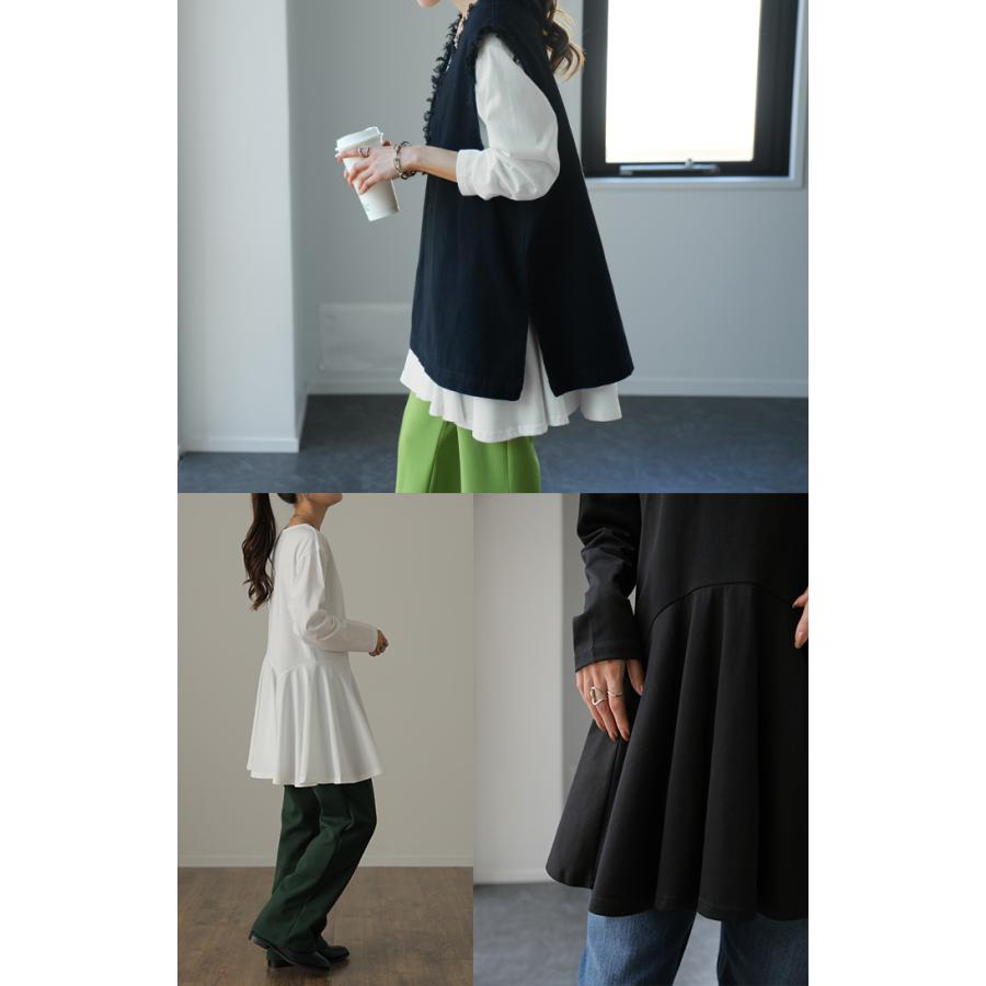 トップス レディース カットソー 重ね着 レイヤード ブラウス ロンT ペプラム フリル 裾 裾フリル 長袖 お尻が隠れる | HUG.U | 18