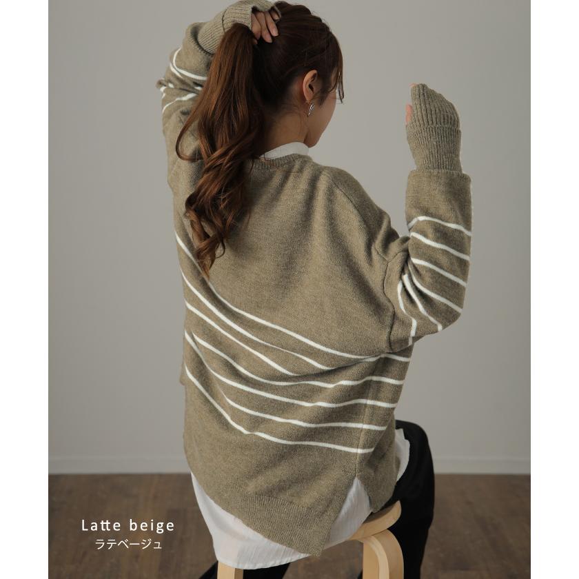 ニット レディース トップス アームウォーマー 2点セット 暖か 指穴 プルオーバー ボーダー 長袖 チュニック 手袋 セーター | HUG.U | 14