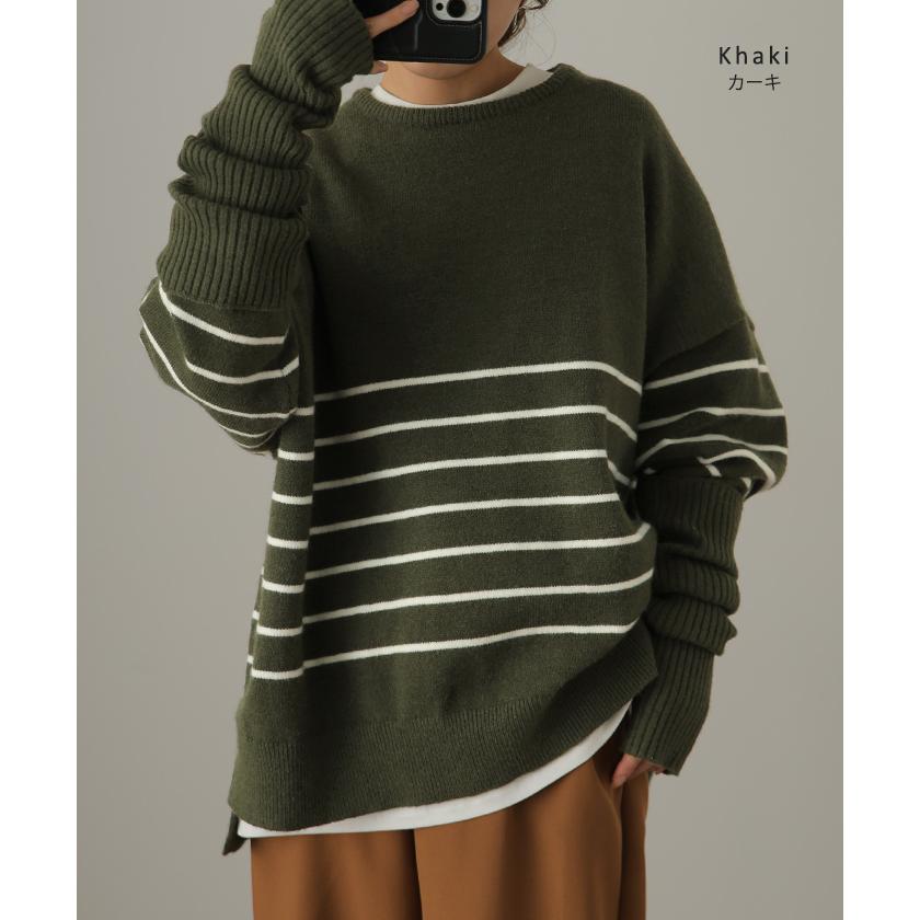 ニット レディース トップス アームウォーマー 2点セット 暖か 指穴 プルオーバー ボーダー 長袖 チュニック 手袋 セーター | HUG.U | 18