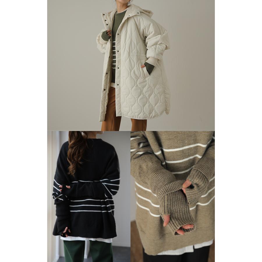 ニット レディース トップス アームウォーマー 2点セット 暖か 指穴 プルオーバー ボーダー 長袖 チュニック 手袋 セーター | HUG.U | 22