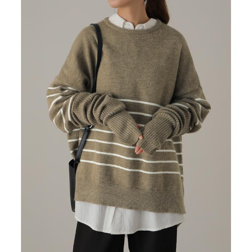 ニット レディース トップス アームウォーマー 2点セット 暖か 指穴 プルオーバー ボーダー 長袖 チュニック 手袋 セーター | HUG.U | 07