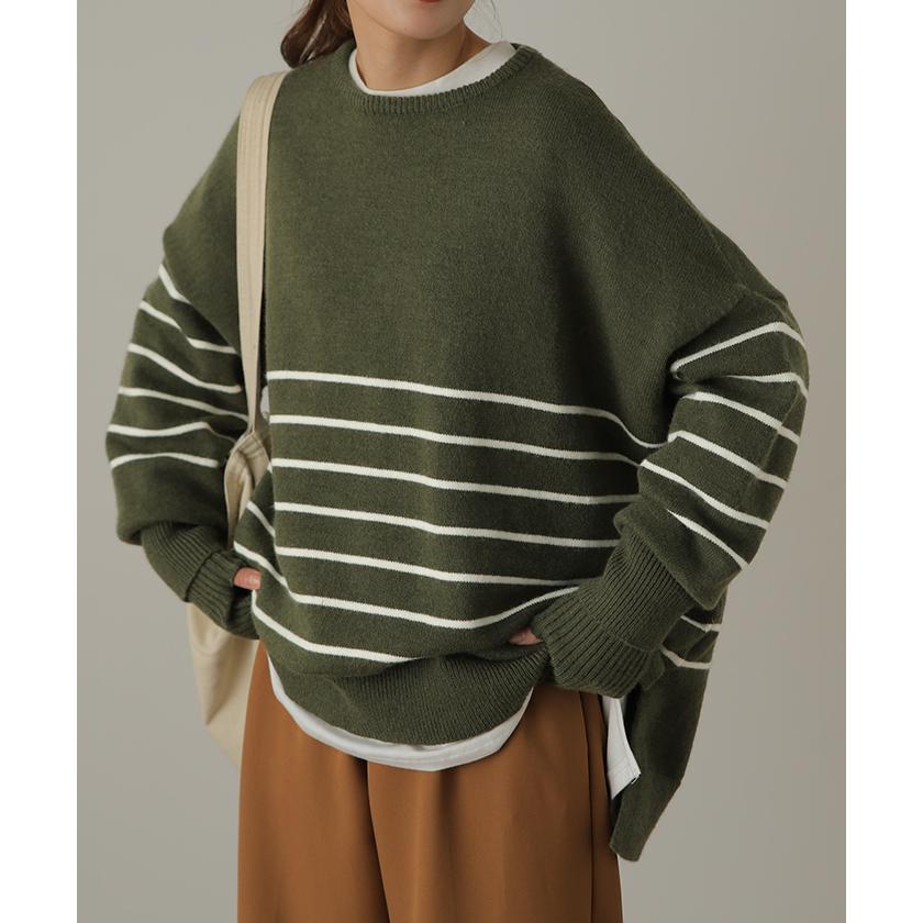 ニット レディース トップス アームウォーマー 2点セット 暖か 指穴 プルオーバー ボーダー 長袖 チュニック 手袋 セーター | HUG.U | 08