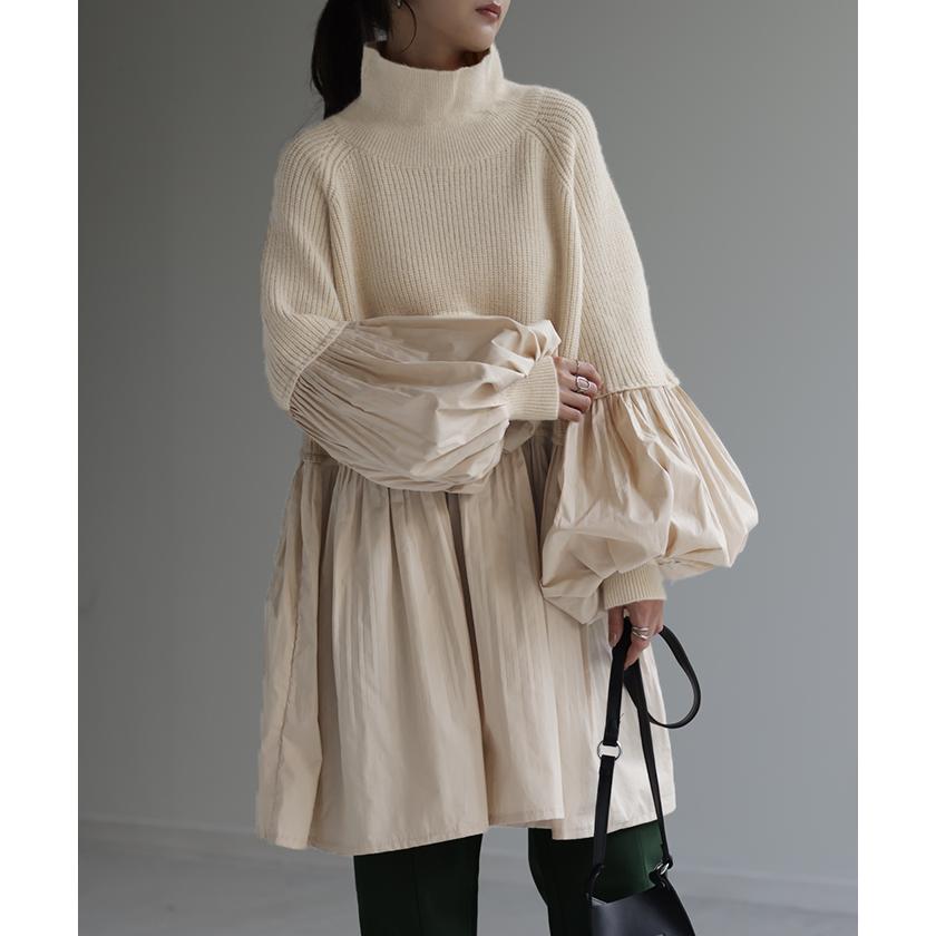 ニット レディース トップス プルオーバー ハイネック タートル チュニック 長袖 ブラウス ドッキング バルーン袖 お尻が隠れる2 | HUG.U | 15