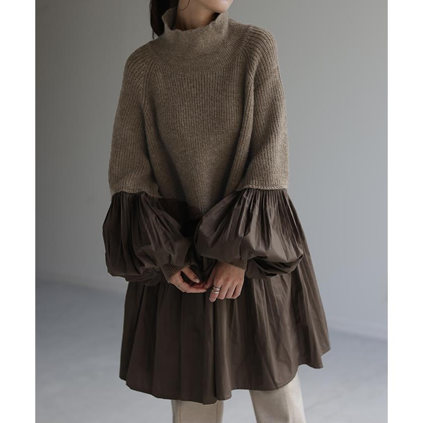 ニット レディース トップス プルオーバー ハイネック タートル チュニック 長袖 ブラウス ドッキング バルーン袖 お尻が隠れる2 | HUG.U | 17